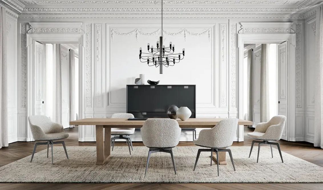 Nadčasová elegance jídelny, kde se italský design přirozeně propojuje s historickým interiérem.